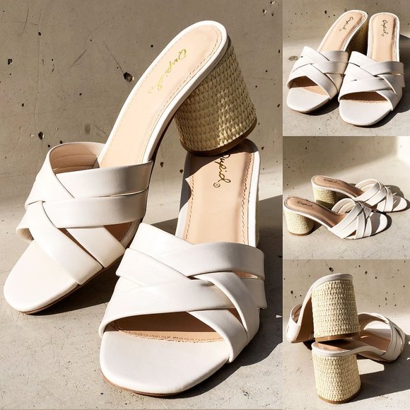 NEW Multi Crisscross Straps Natural Raffia Oval Block Heel Slip On Slide Sandals - Picture 9 of 12